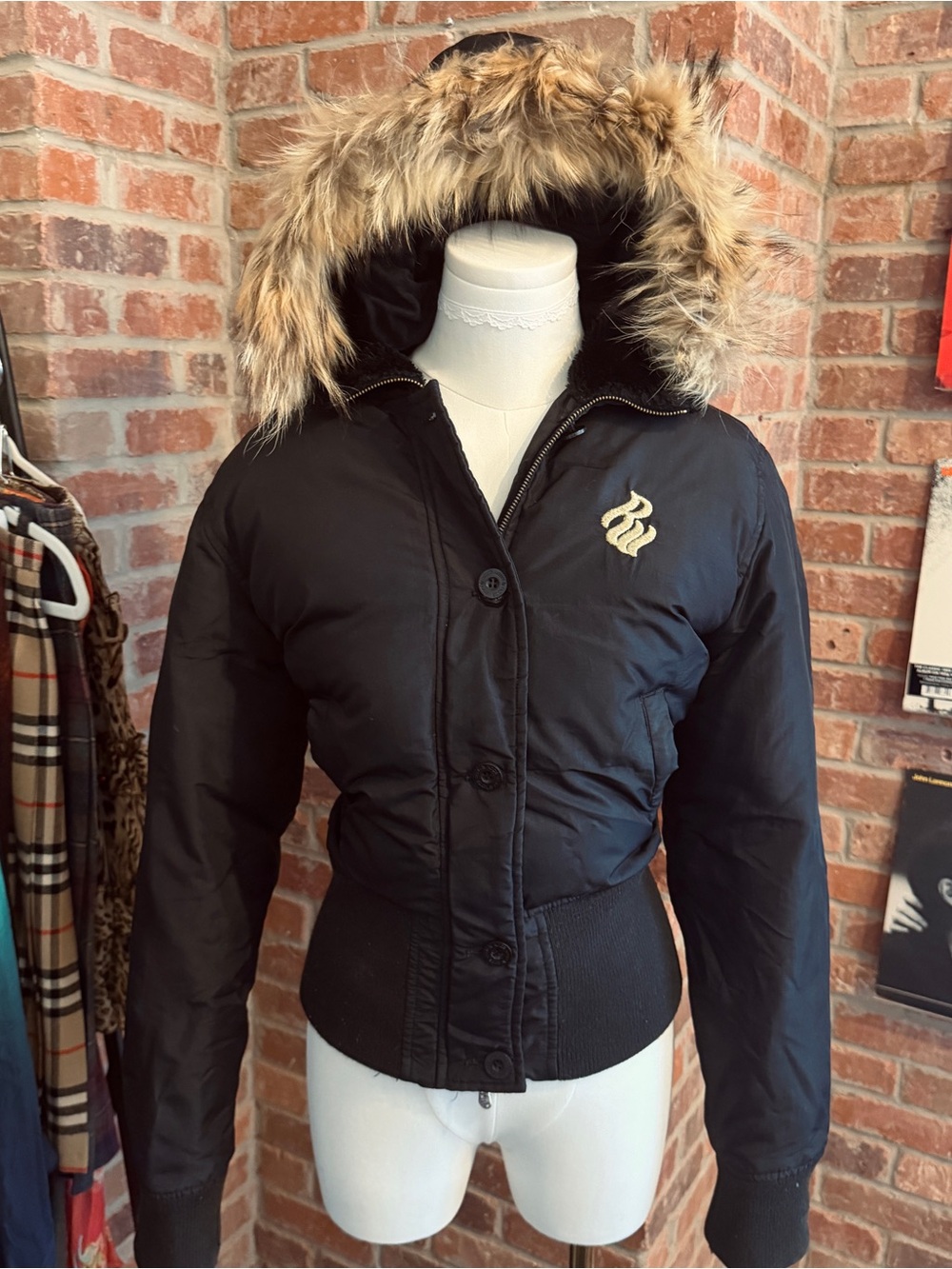 vintage y2k rocawear black crop puffer jacket with fur hood